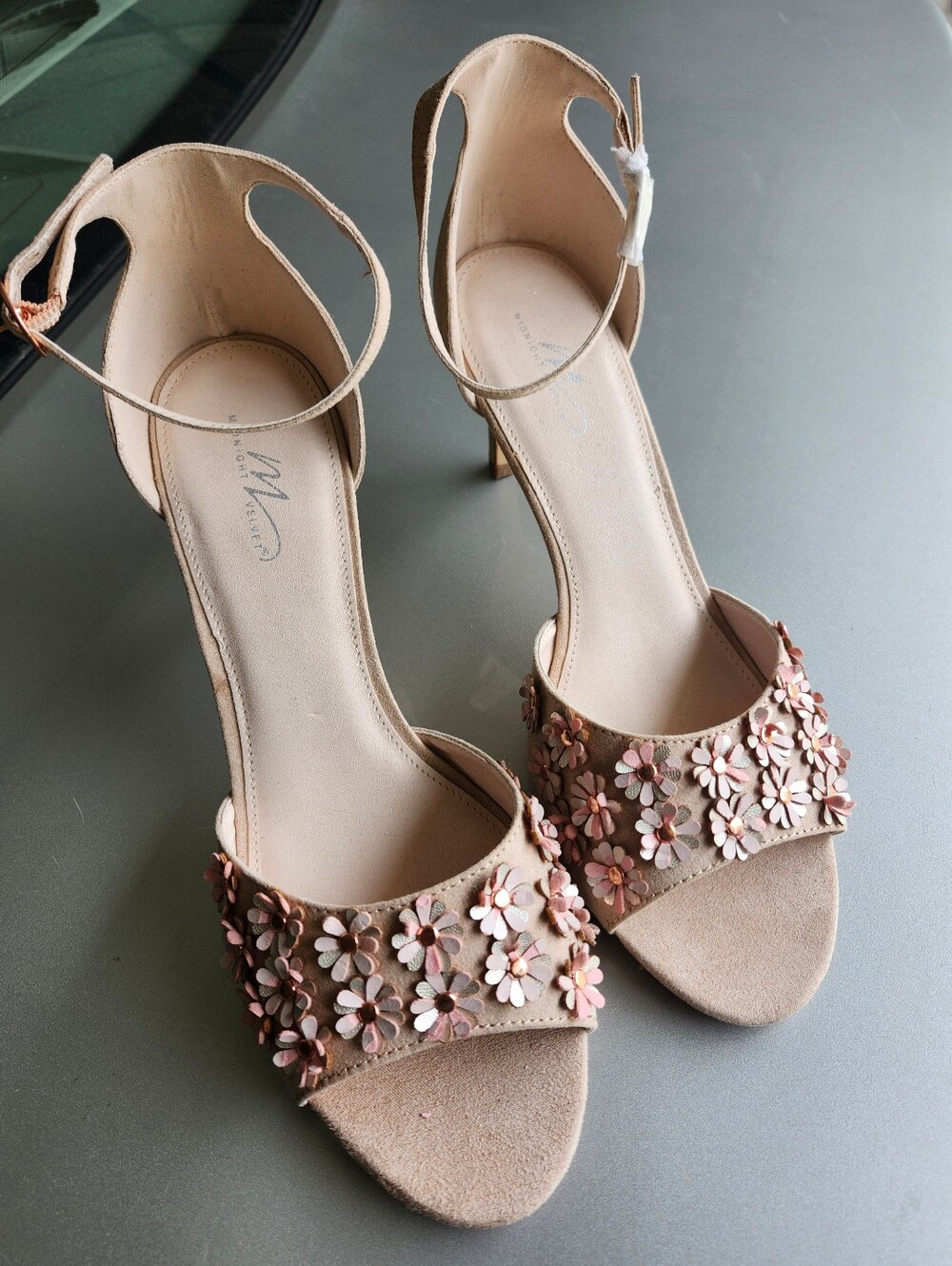 Midnight Velvet Floral Ankle-Strap Heeled Sandals — Blush